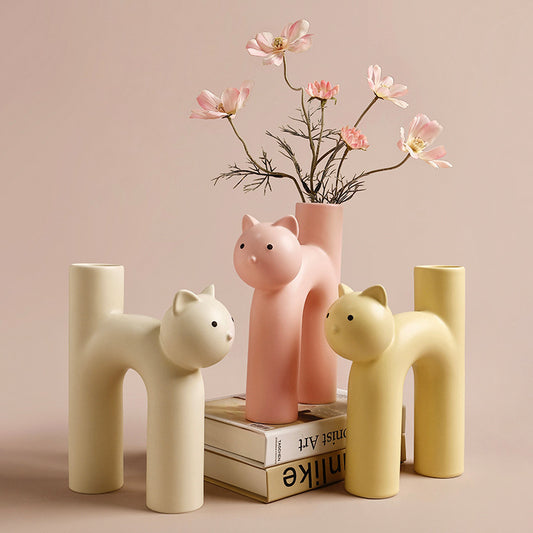 Cute Tube Cat Ceramic Vase